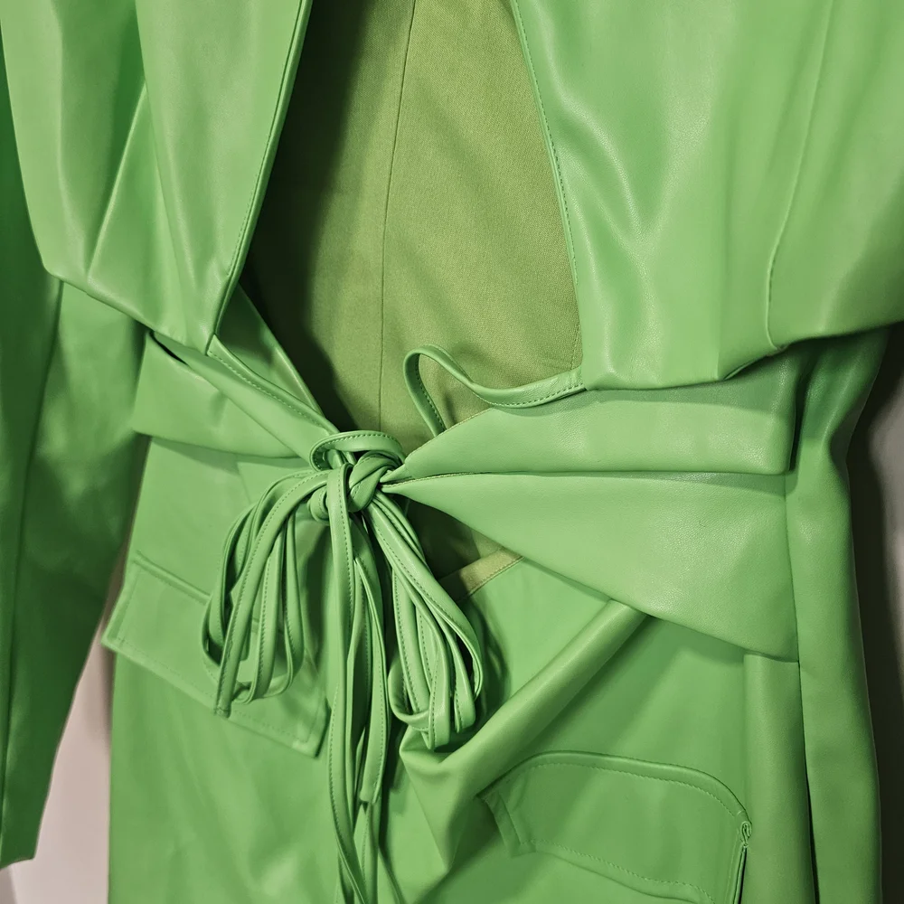 AKIRA M Green Faux Leather Mini Dress Trench Coat Size Going Out Party Miami ~ - Picture 5 of 9